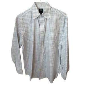 JOS A Bank Traveler Dress Shirt Mens 16.5x34 Traditional Fit Blue and White Grid